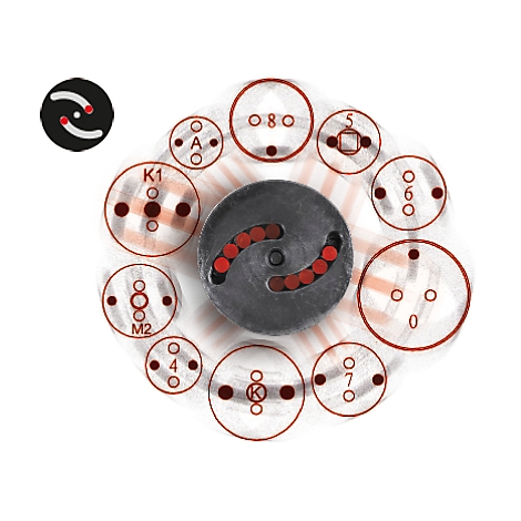 Grauer Kreisel mit roten Punkten und roten Kreisen mit Buchstaben und Zahlen.